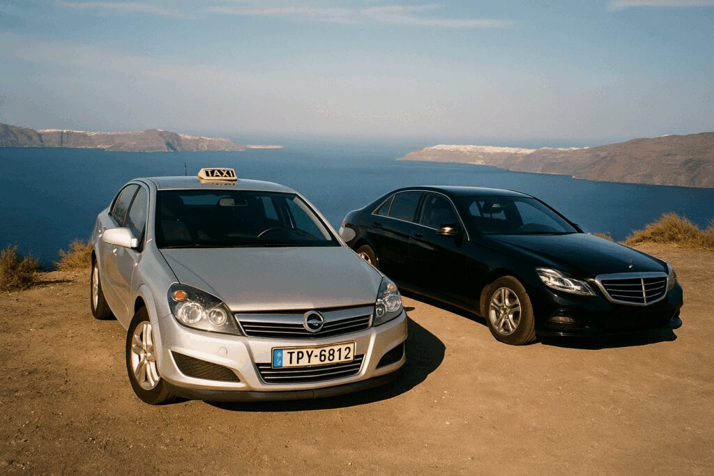 Side-by-side comparison of a silver Santorini taxi and a black private transfer Mercedes from My Santorini Transfer with a caldera view in the background.
