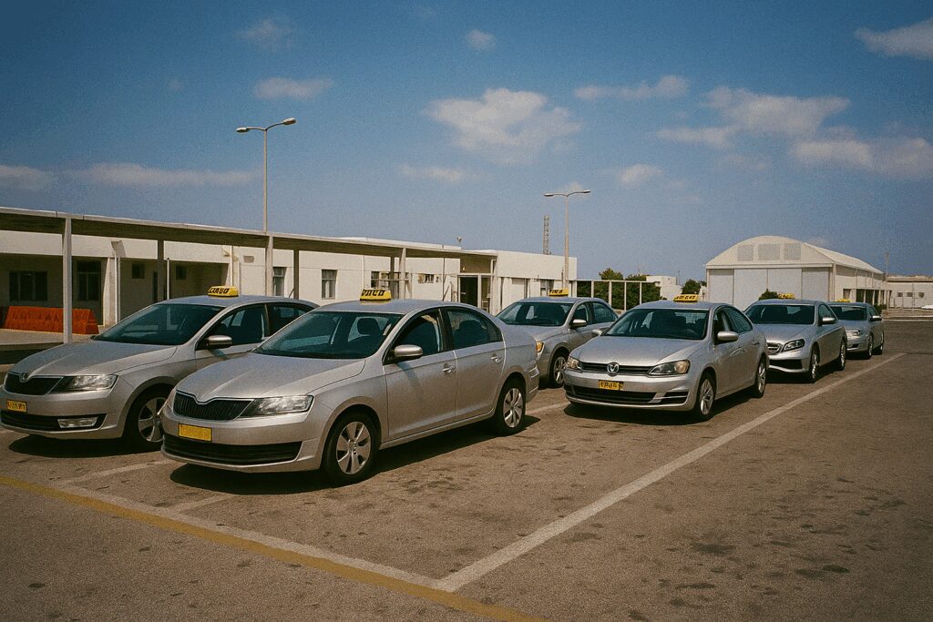 Line of silver taxis parked outside Santorini Airport, showing limited taxi availability on the island during peak travel season.
