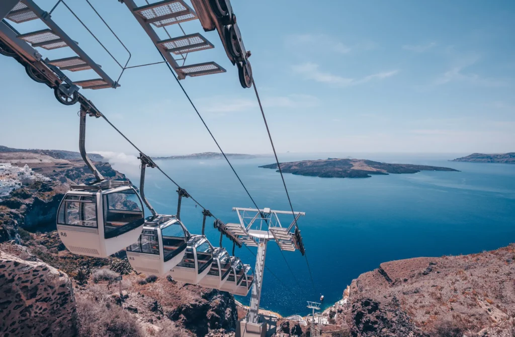 Santorini cable car connecting the Old Port with Fira, overlooking the caldera and Aegean Sea