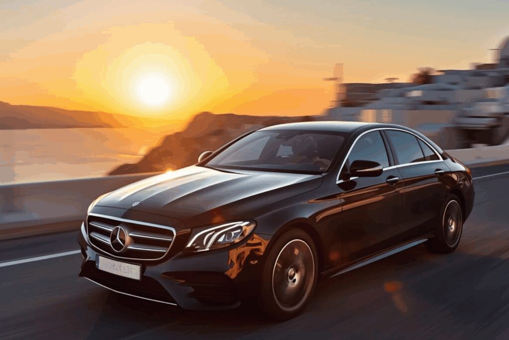Black Mercedes-Benz sedan private transfer driving along the Santorini coastal road at sunset