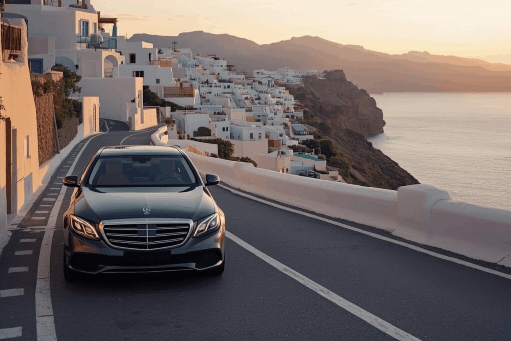 Mercedes-Benz sedan private transfer driving along the Santorini caldera road toward Fira with whitewashed village at sunset
