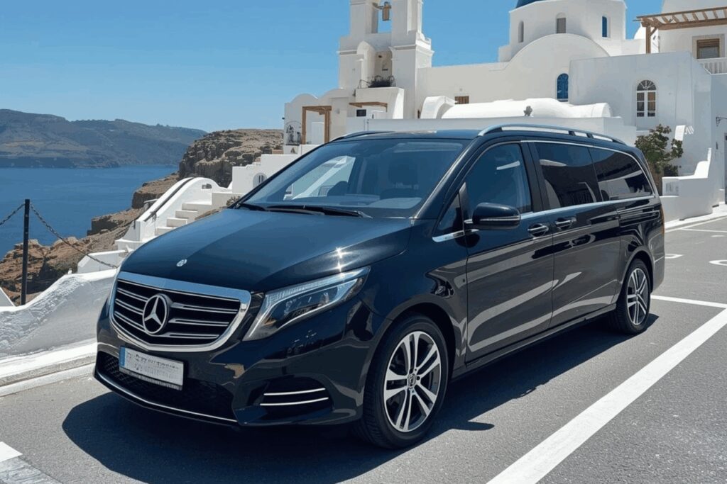 Black Mercedes V-Class private transfer van parked in Santorini with whitewashed church and caldera cliffs in the background