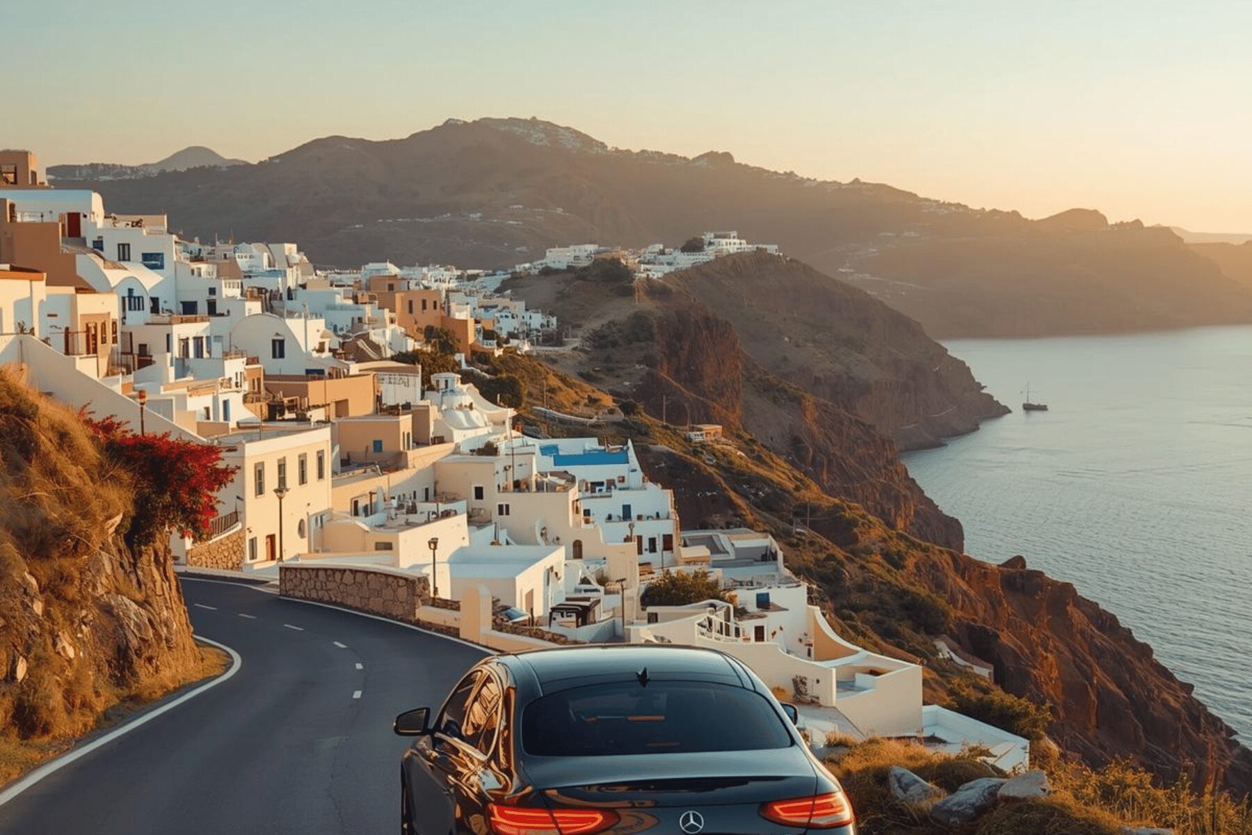 Private transfer Mercedes sedan on the winding road approaching Oia village in Santorini at golden hour
