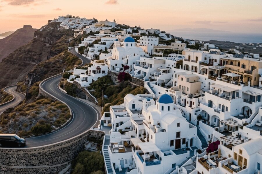 Black Mercedes minivan on Santorini caldera road at golden hour with whitewashed villages and Aegean Sea in background
