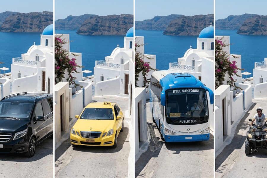 Four Santorini transport options side by side: private black van, yellow taxi, blue KTEL bus, and ATV on a narrow village road