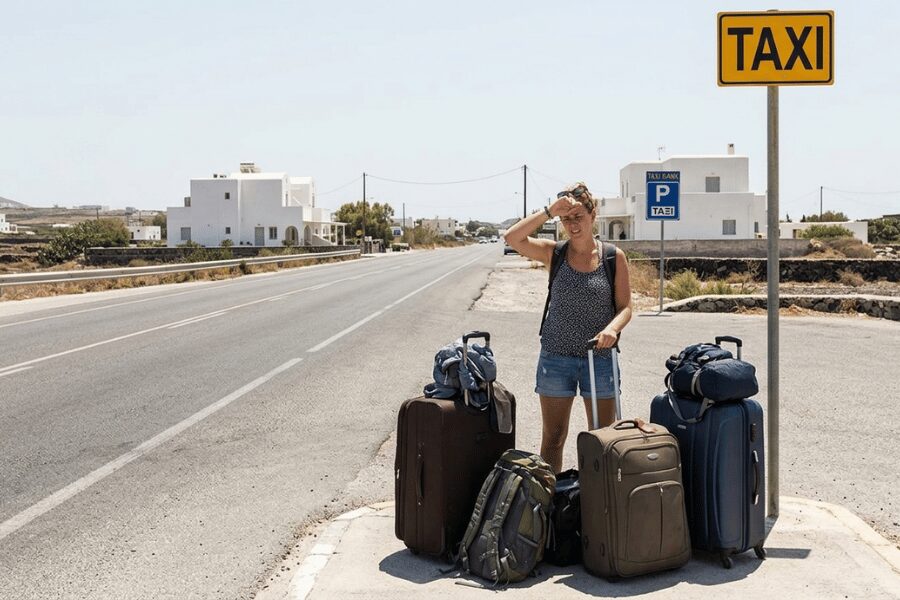 Stressed tourist standing alone at empty Santorini taxi rank with heavy luggage and no taxis available in midday heat