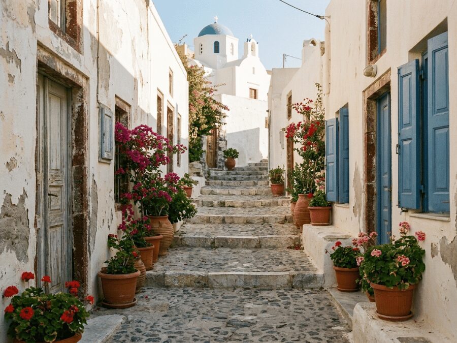 Stone alleys and traditional Cycladic architecture in the hilltop village of Pyrgos Santorini