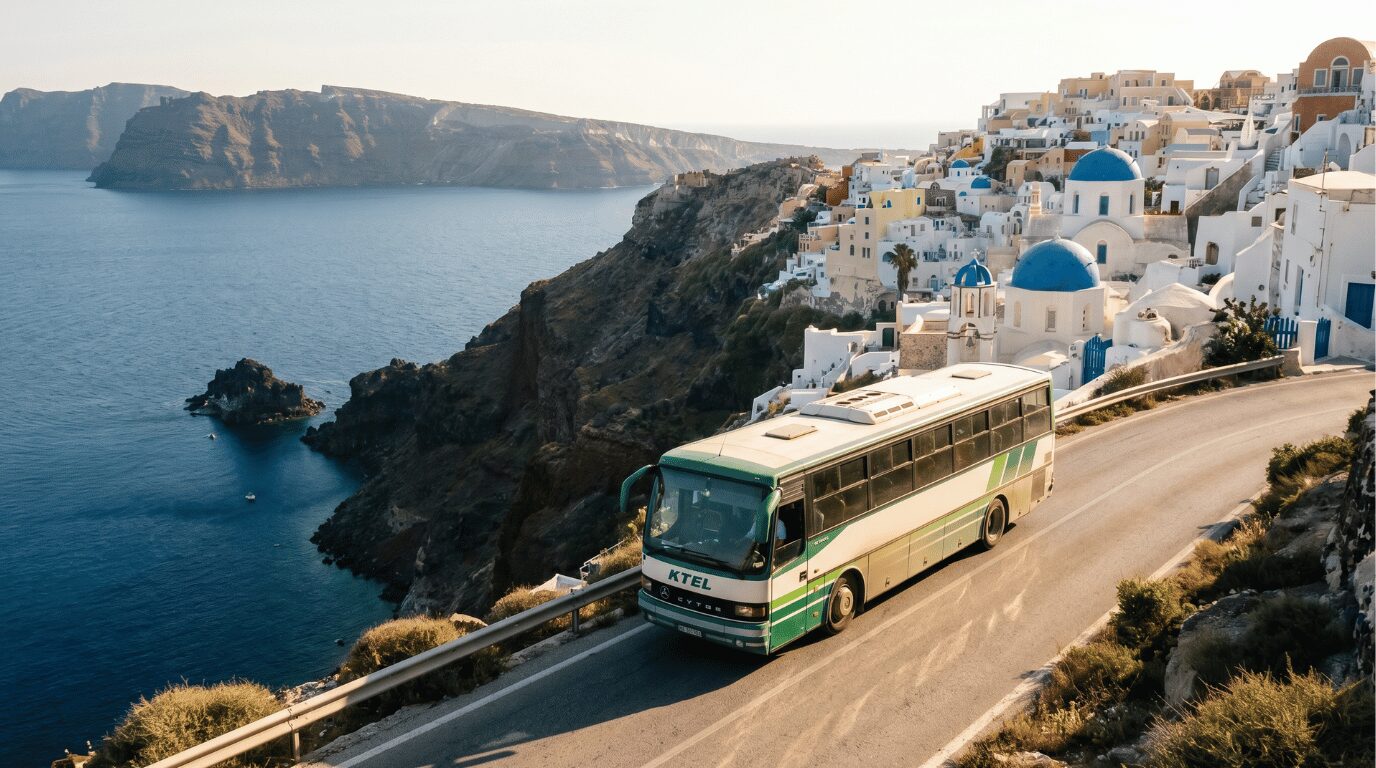 Santorini public bus on a cliffside road above Oia's blue-domed churches