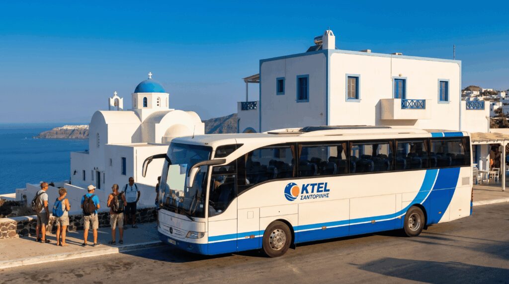 White and blue KTEL bus parked at the Fira bus station hub in Santorini