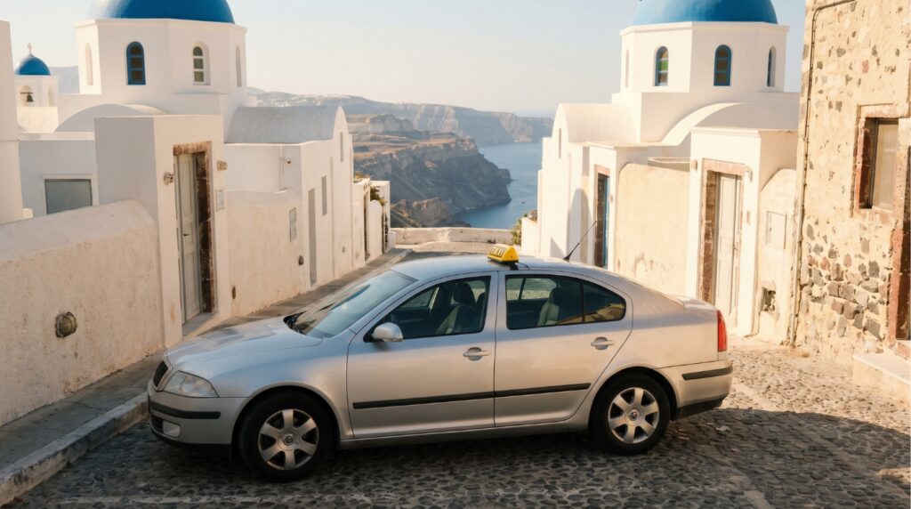 Silver Santorini taxi with illuminated yellow rooftop sign at a Fira taxi rank with whitewashed buildings and caldera view behind.