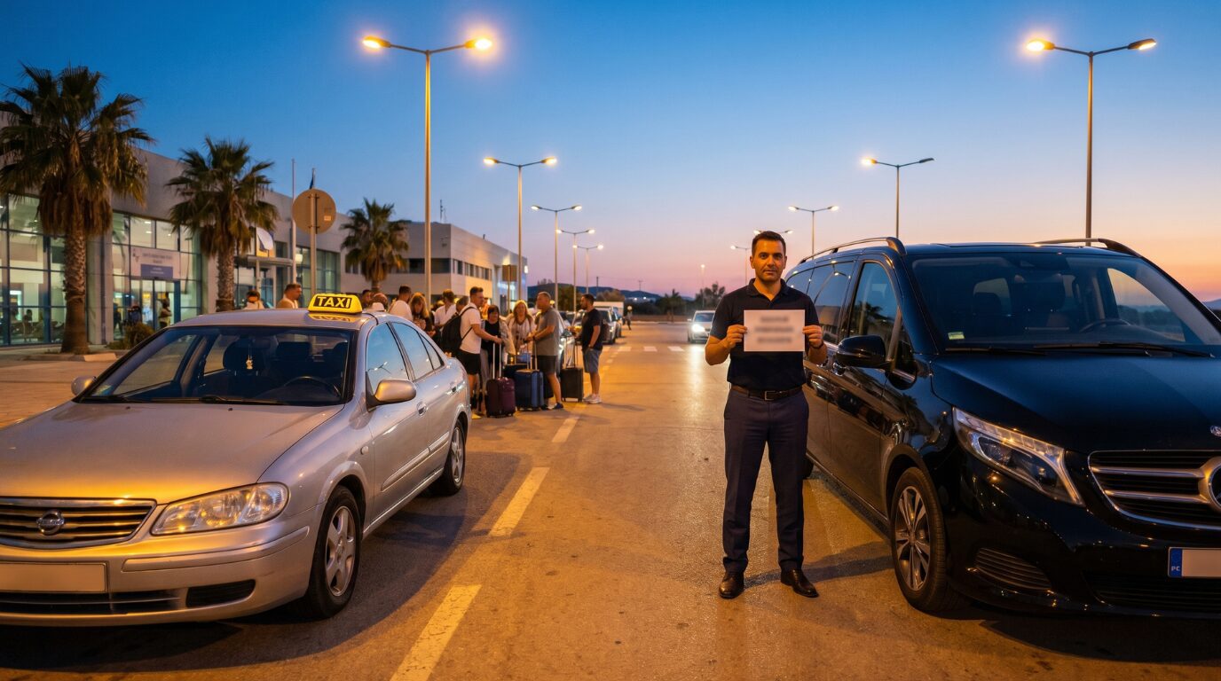 Santorini Airport curb at dusk with a taxi queue on one side and a private transfer driver waiting opposite with a name sign.