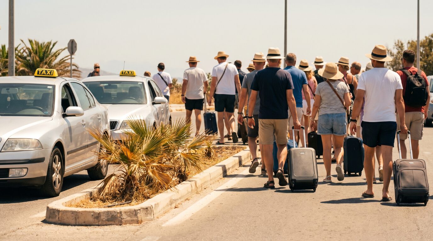Tourists with luggage queue at the Santorini Airport taxi rank in midday sun while two silver taxis wait at the curb.