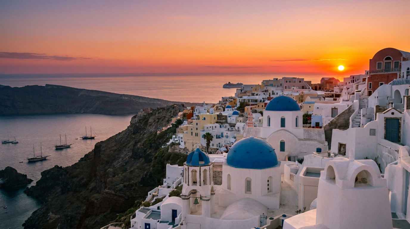 Blue domed churches in Oia, Santorini, above the caldera at sunset