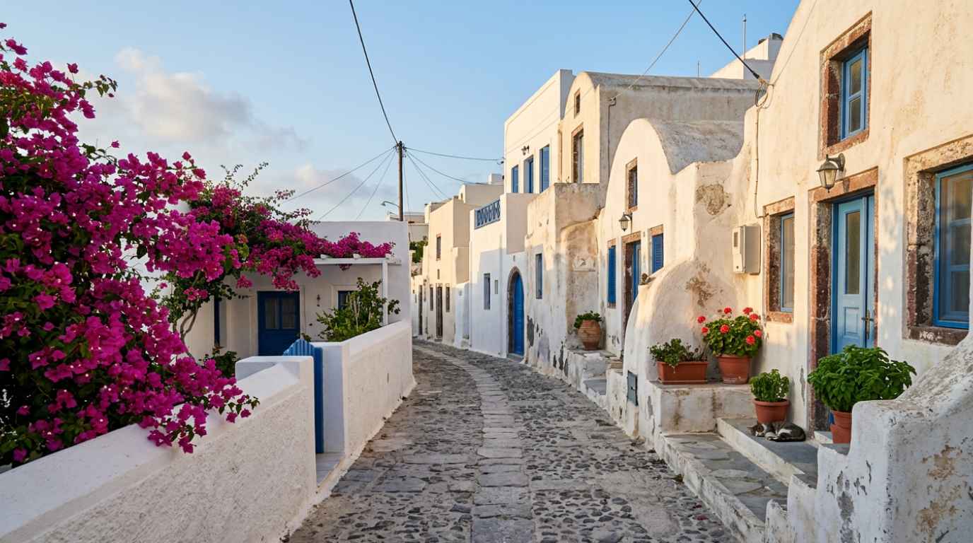 Quiet whitewashed lane in Karterados village, Santorini, with blue shutters and bougainvillea