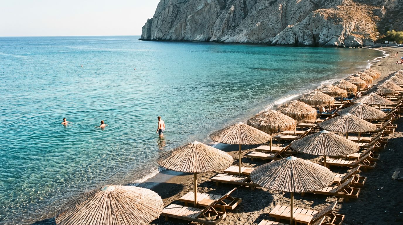 Kamari black sand beach in Santorini in early October with swimmers and quiet sunbeds