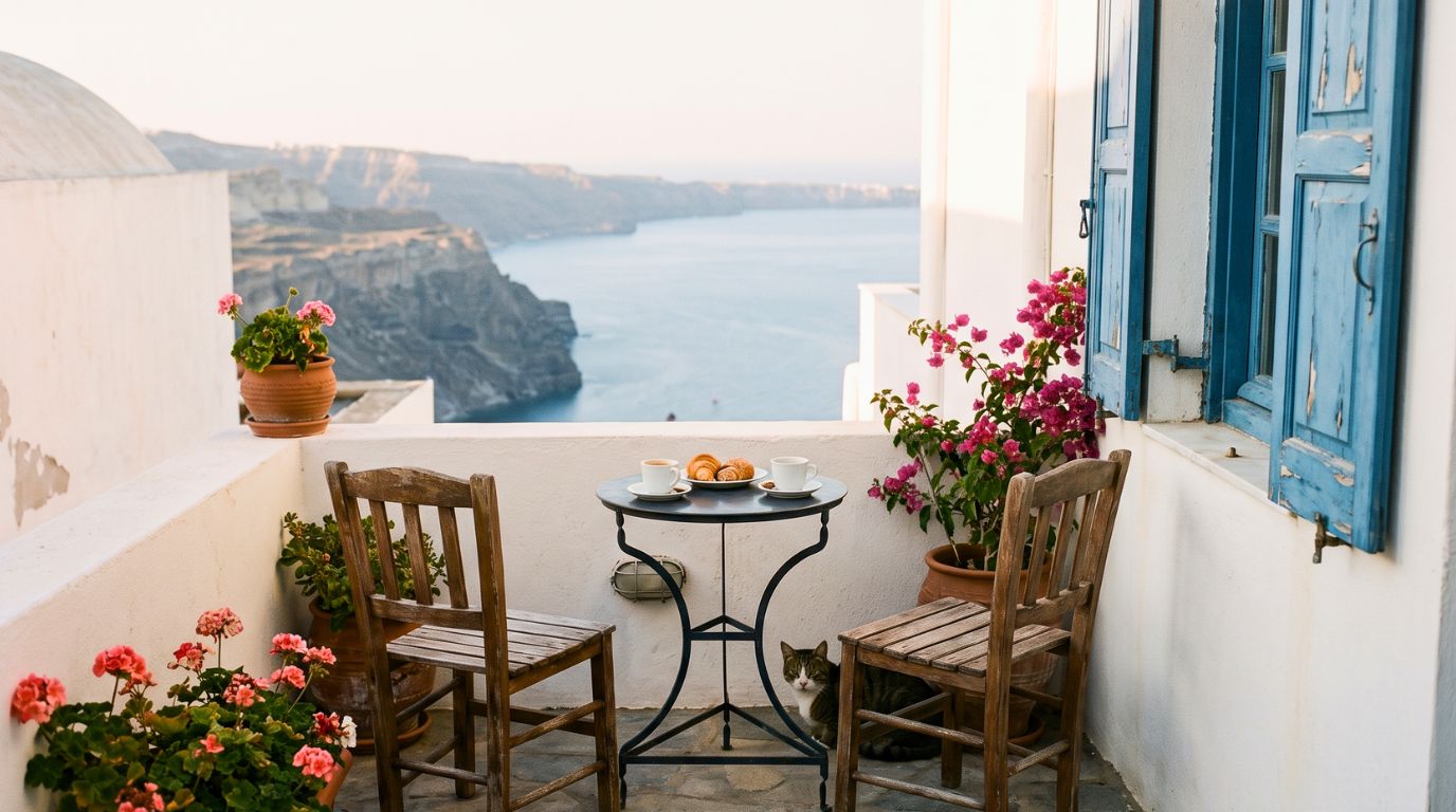 Simple guesthouse balcony in Santorini with morning coffee, flowers and a caldera sea view