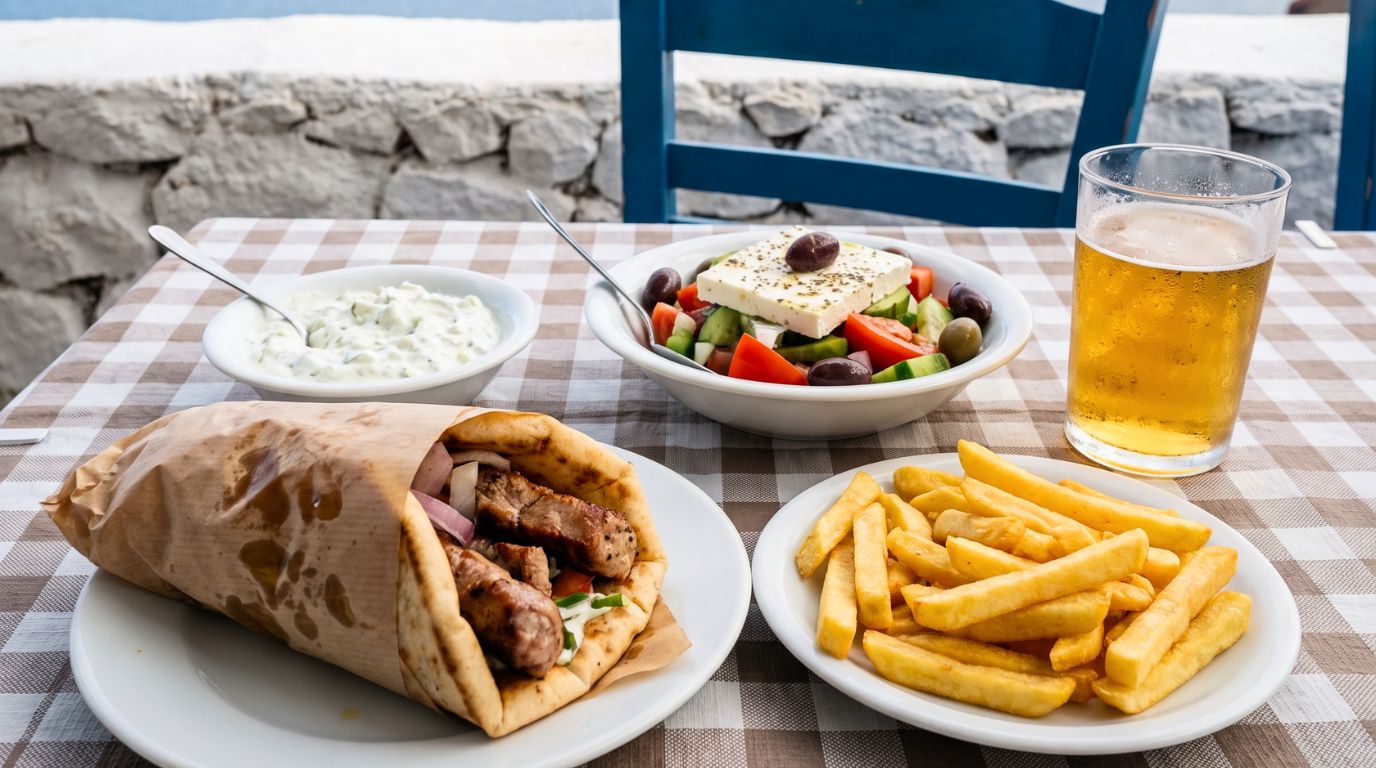 Affordable souvlaki pita, Greek salad, tzatziki, fries and a local beer at a casual Santorini taverna