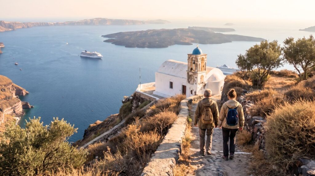 Hikers on the Fira to Oia caldera path in Santorini on a mild autumn day