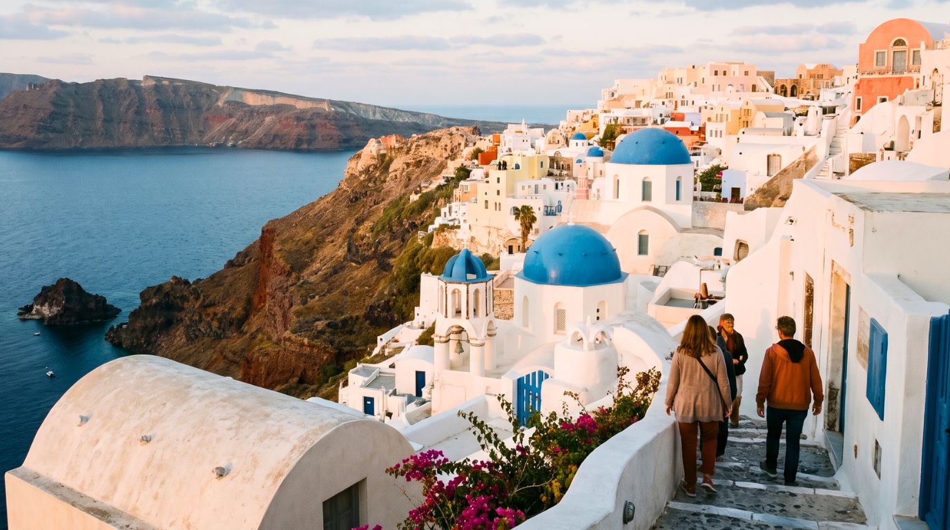 Oia Santorini in October with blue domes and whitewashed houses in soft autumn light over the caldera