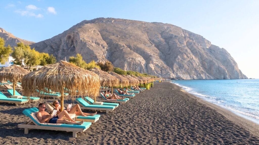 Sunbeds and straw umbrellas on Perissa black sand beach in Santorini, an affordable beach day below Mesa Vouno