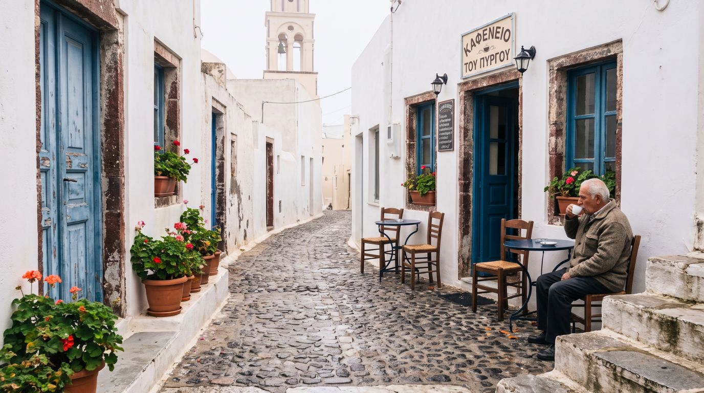 Local man drinking coffee outside a traditional kafeneio in Pyrgos village Santorini in November