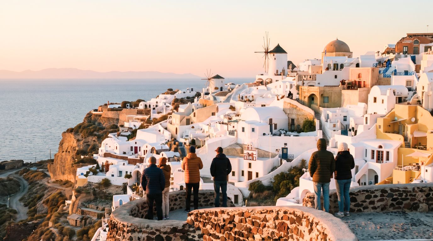 Visitors in warm jackets watching an uncrowded autumn sunset over Oia and its windmills in Santorini